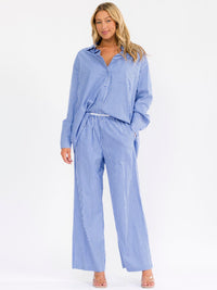 WOMEN'S LONG SLEEVE BUTTON UP SHIRT & ELASTIC WAIST WIDE LEG PANTS STRIPES 2PC. SET