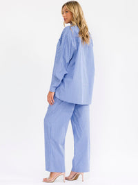 WOMEN'S LONG SLEEVE BUTTON UP SHIRT & ELASTIC WAIST WIDE LEG PANTS STRIPES 2PC. SET