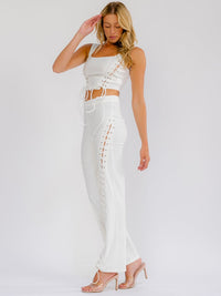 WOMEN'S SLEEVELESS CROP TOP & ZIP UP SKINNY ELEG PANTS LACE UP STRETCH DENIM 2PC. SET