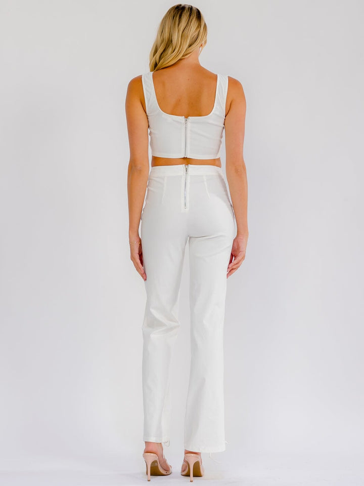 WOMEN'S SLEEVELESS CROP TOP & ZIP UP SKINNY ELEG PANTS LACE UP STRETCH DENIM 2PC. SET