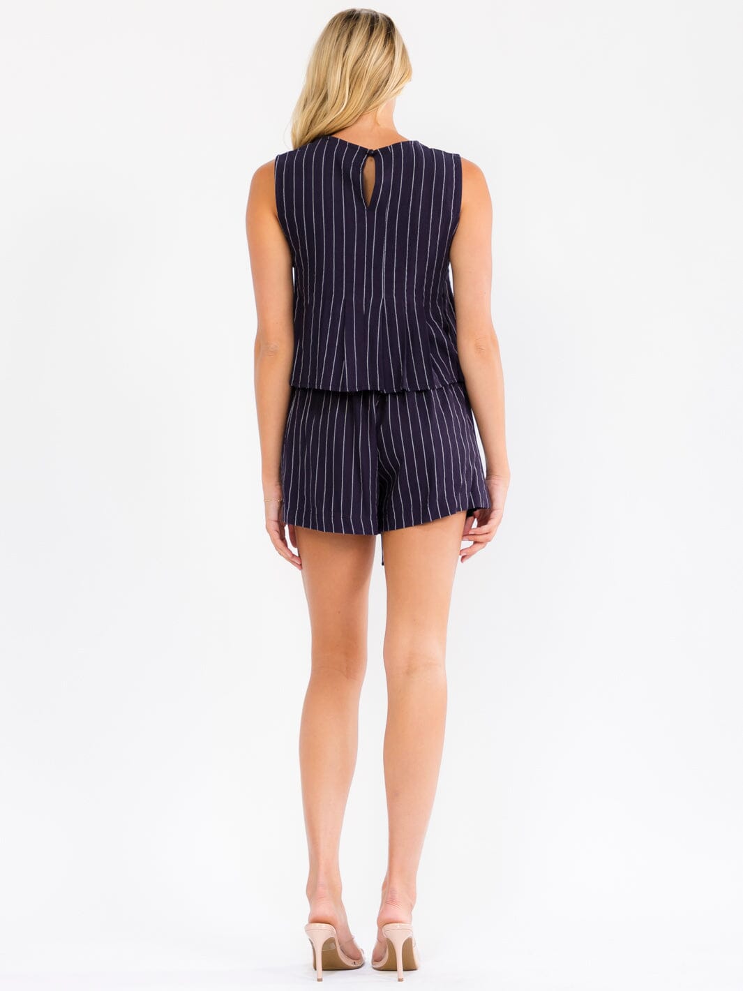 WOMEN'S SLEEVELESS TOP & ELASTIC WAIST MINI SHORTS LINEN STRIPES 2PC. SET