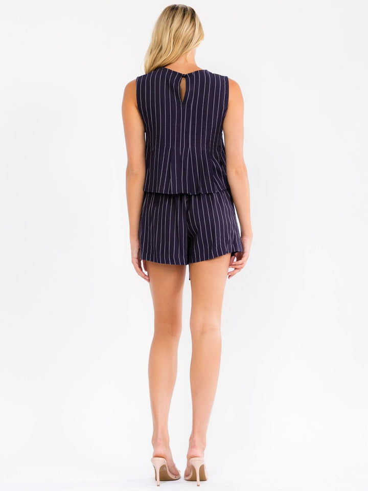 WOMEN'S SLEEVELESS TOP & ELASTIC WAIST MINI SHORTS LINEN STRIPES 2PC. SET
