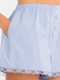 WOMEN'S ELASTIC WAIST FRONT POCKETS STRIPES LACE TRIM MINI SHORTS