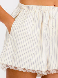 WOMEN'S ELASTIC WAIST FRONT POCKETS STRIPES LACE TRIM MINI SHORTS