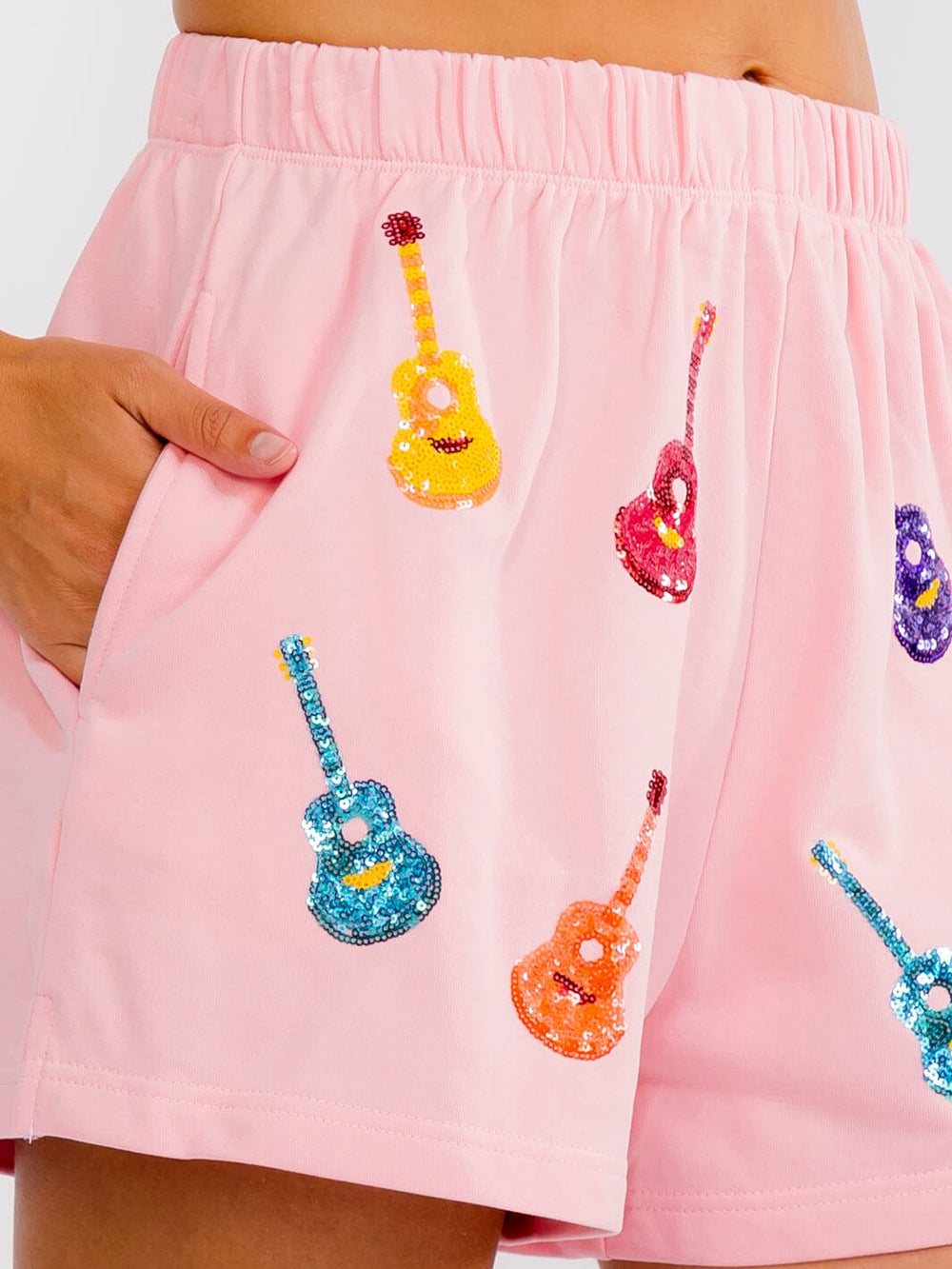 WOMEN'S ELASTIC WAIST FRONT POCKETS SEQUINS GUITARS MINI SHORTS