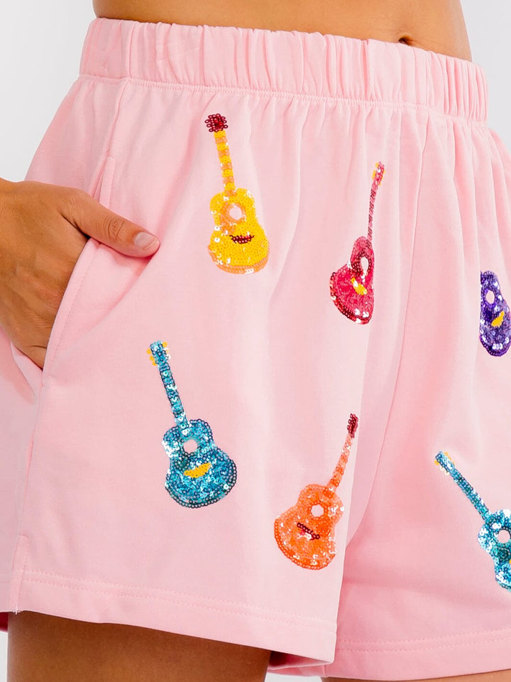 WOMEN'S ELASTIC WAIST FRONT POCKETS SEQUINS GUITARS MINI SHORTS
