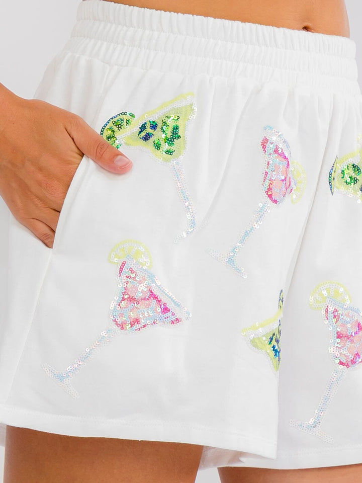 WOMEN'S ELASTIC WAIST FRONT POCKETS SEQUINS GRAPHIC MINI SHORTS