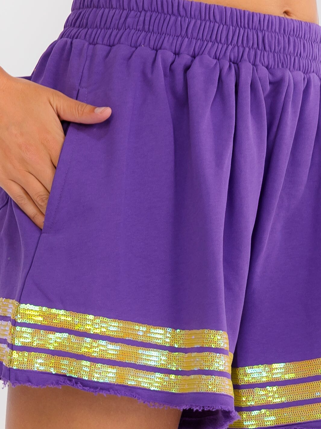 WOMEN'S ELASTIC WAIST POCKETS SEQUINS TRIM SHORTS