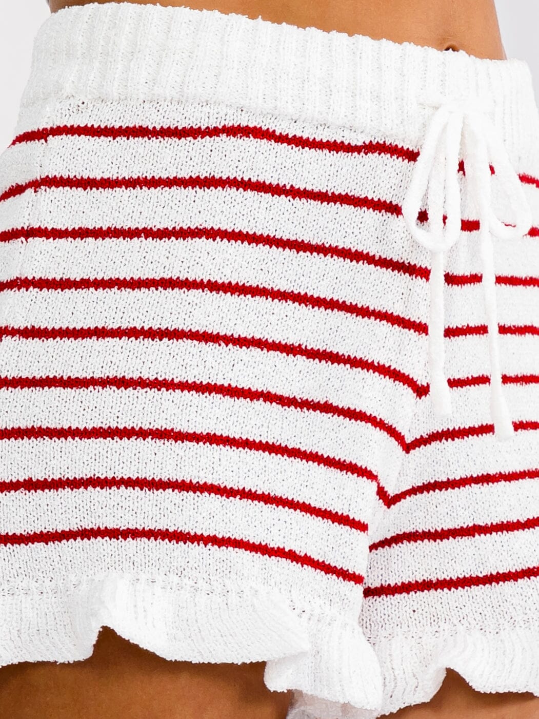 WOMEN'S ELASTIC WAIST SELF TIE COLORBLOCK STRIPES RUFFLE BOTTOM HEM MINI SHORTS