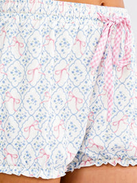 WOMEN'S ELASTIC WAIST SELF TIE BOW PRINT MINI SHORTS