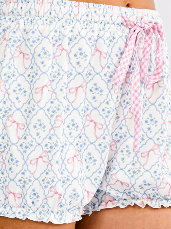 WOMEN'S ELASTIC WAIST SELF TIE BOW PRINT MINI SHORTS