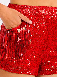 WOMEN'S ELASTIC WAIST FRONT POCKETS SEQUINS FRINGE MINI SHORTS