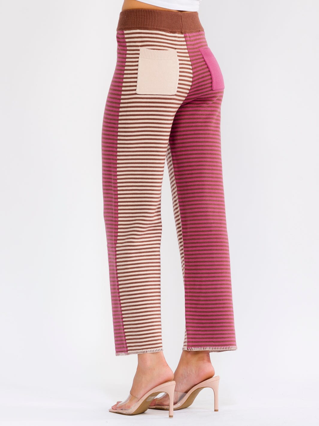 WOMEN'S ELASTIC WAIST BACK POCKETS WIDE LEG COLORBLOCK STRIPES PANTS