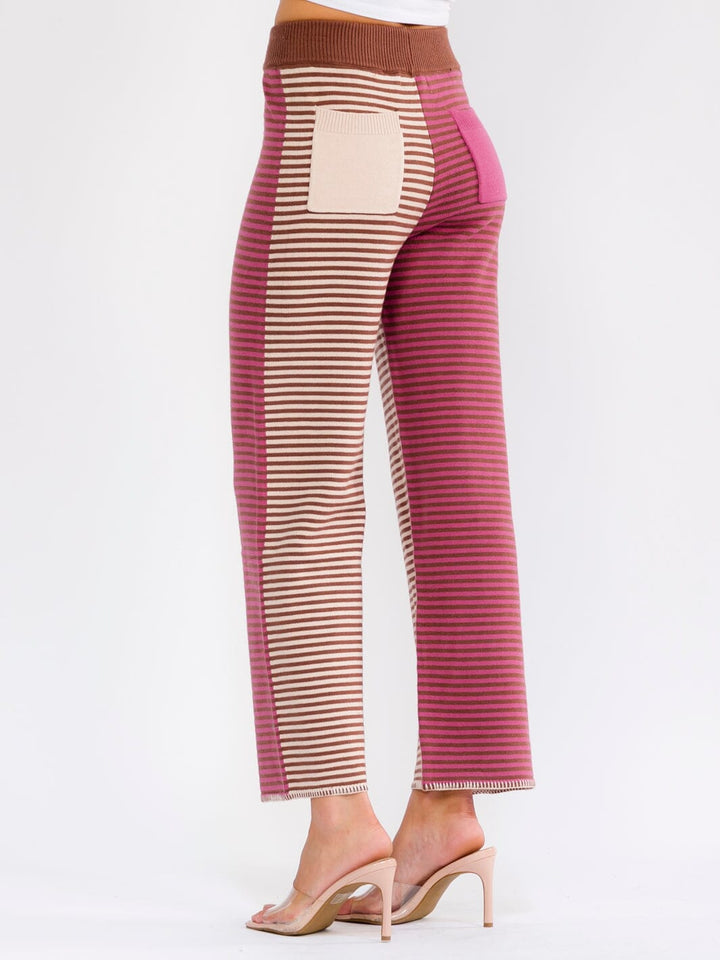 WOMEN'S ELASTIC WAIST BACK POCKETS WIDE LEG COLORBLOCK STRIPES PANTS