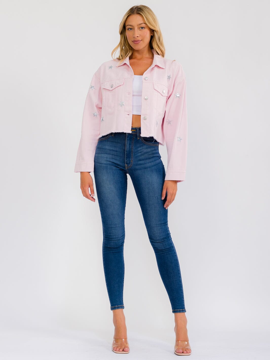 WOMEN'S LONG SLEEVE BUTTON UP FRONT POCKET TEAM BRIDE DENIM JACKET