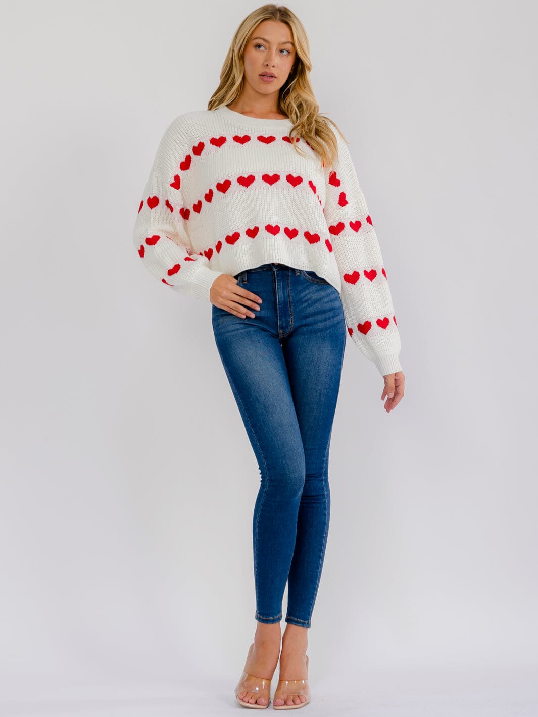 WOMEN'S LONG SLEEVE COLORBLOCK HEARTS PULLOVER KNIT SWEATER