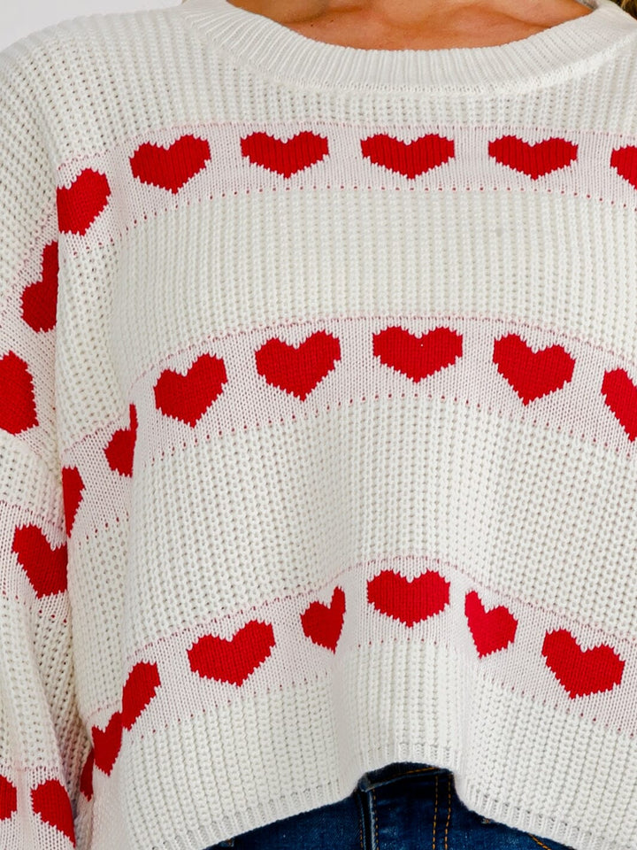 WOMEN'S LONG SLEEVE COLORBLOCK HEARTS PULLOVER KNIT SWEATER