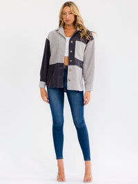 WOMEN'S LONG SLEEVE BUTTON UP FRONT POCKET CORDUROY COLORBLOCK SHACKET
