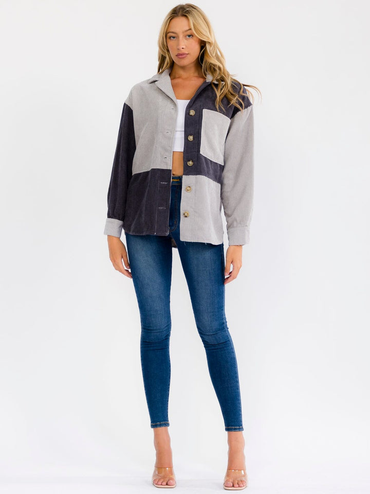 WOMEN'S LONG SLEEVE BUTTON UP FRONT POCKET CORDUROY COLORBLOCK SHACKET