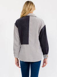 WOMEN'S LONG SLEEVE BUTTON UP FRONT POCKET CORDUROY COLORBLOCK SHACKET