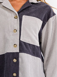 WOMEN'S LONG SLEEVE BUTTON UP FRONT POCKET CORDUROY COLORBLOCK SHACKET