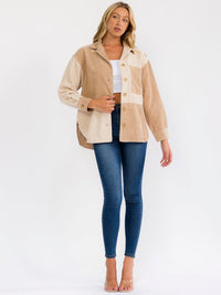 WOMEN'S LONG SLEEVE BUTTON UP FRONT POCKET CORDUROY COLORBLOCK SHACKET