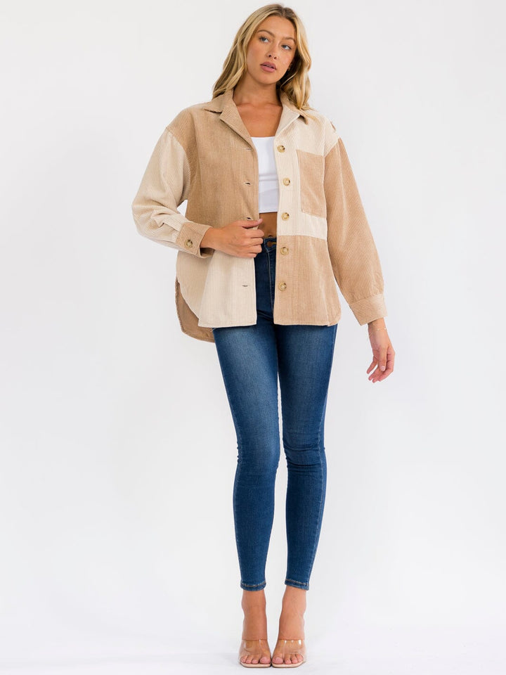 WOMEN'S LONG SLEEVE BUTTON UP FRONT POCKET CORDUROY COLORBLOCK SHACKET