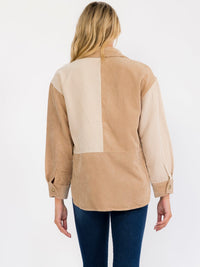 WOMEN'S LONG SLEEVE BUTTON UP FRONT POCKET CORDUROY COLORBLOCK SHACKET