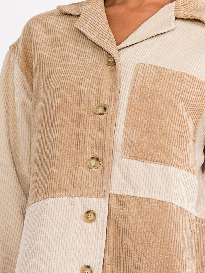 WOMEN'S LONG SLEEVE BUTTON UP FRONT POCKET CORDUROY COLORBLOCK SHACKET