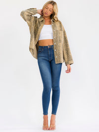 WOMEN'S LONG SLEEVE BUTTON UP FRONT POCKET SNAKE PRINT DENIM JACKET