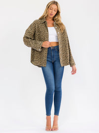 WOMEN'S LONG SLEEVE BUTTON UP FRONT POCKET HIGH-LOW ANIMAL PRINT DENIM JACKET