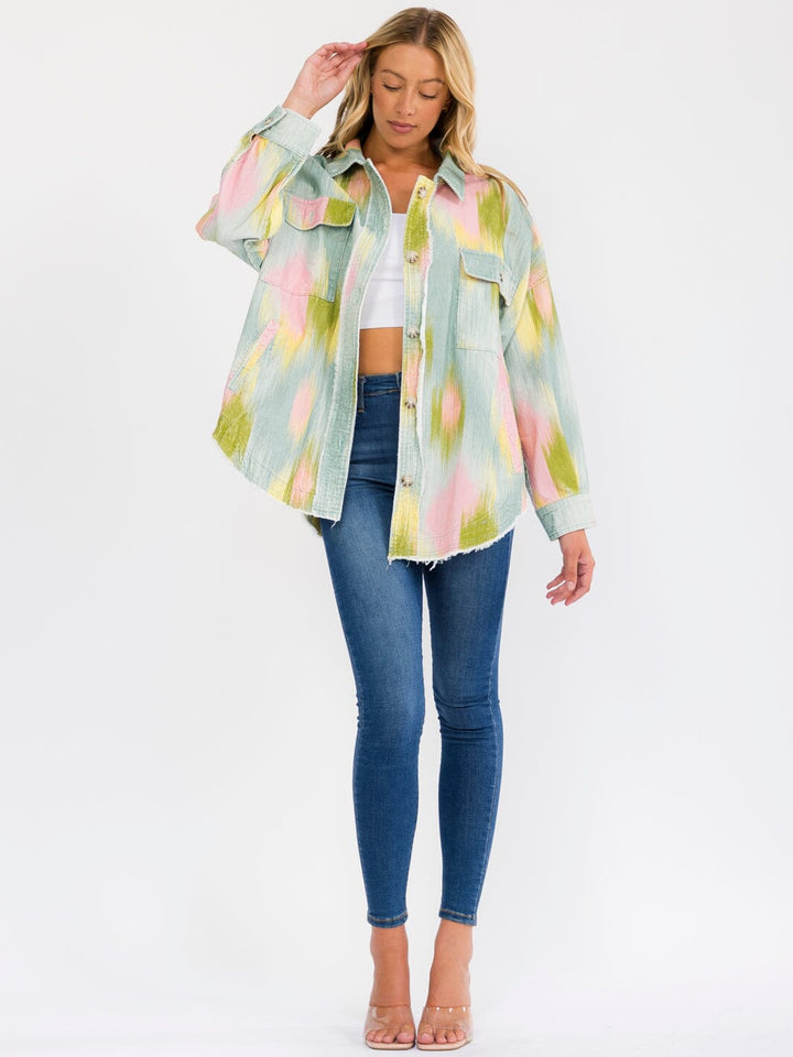 WOMEN'S LONG SLEEVE BUTTON UP FRONT POCKET TIE DYE CORDUROY JACKET