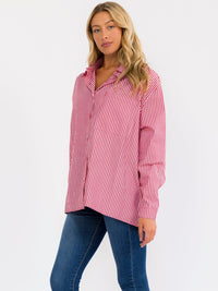 WOMEN'S LONG SLEEVE BUTTON UP FRONT POCKETS OVERSIZED STRIPES SHIRT