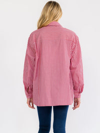 WOMEN'S LONG SLEEVE BUTTON UP FRONT POCKETS OVERSIZED STRIPES SHIRT