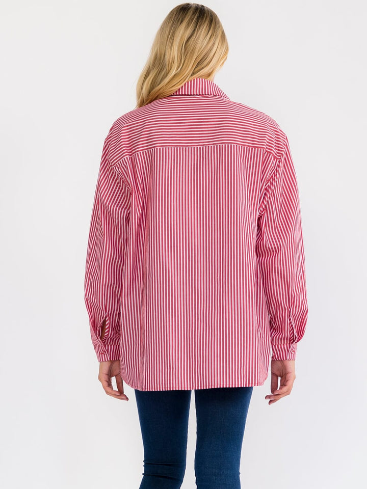 WOMEN'S LONG SLEEVE BUTTON UP FRONT POCKETS OVERSIZED STRIPES SHIRT