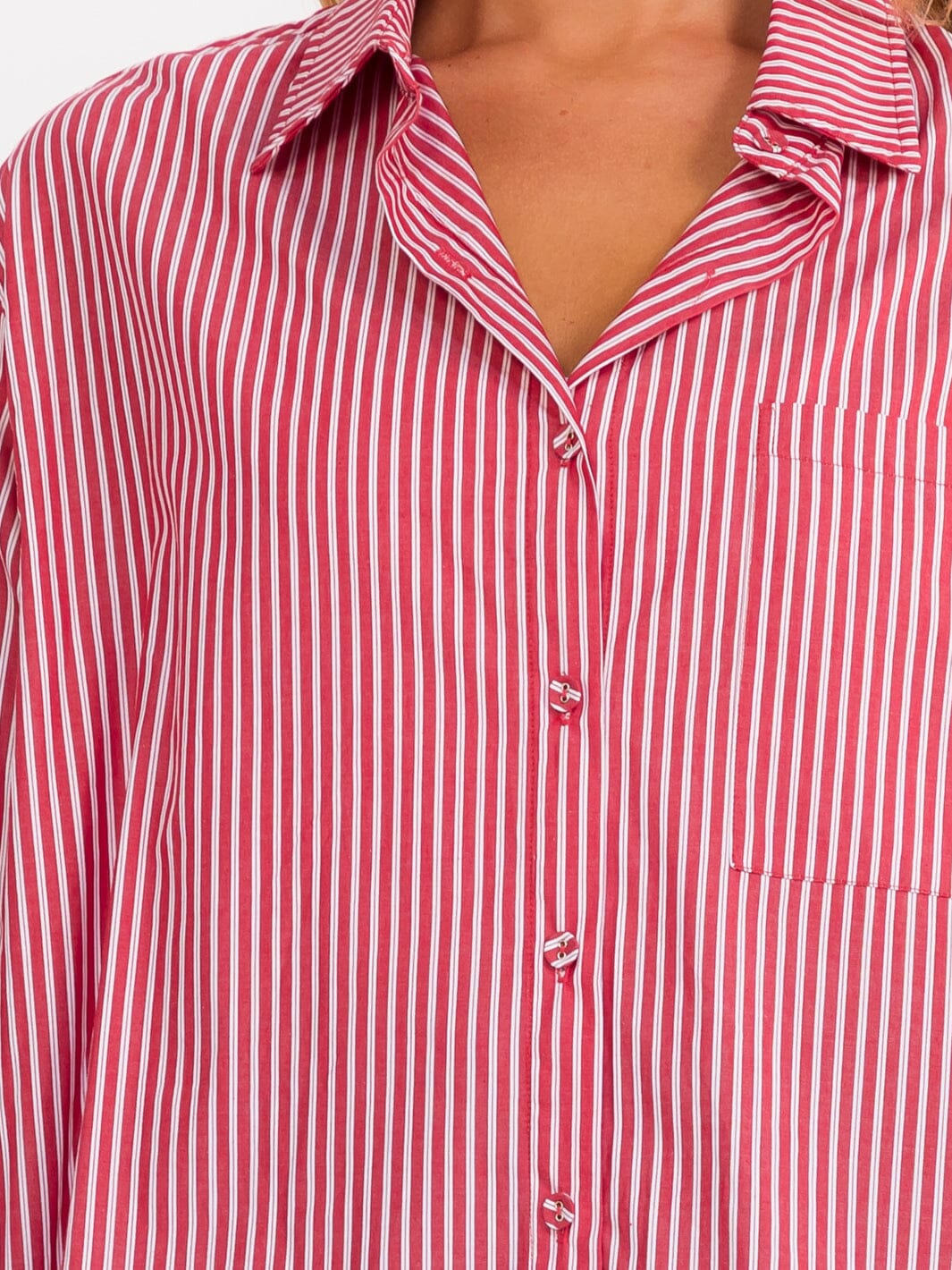 WOMEN'S LONG SLEEVE BUTTON UP FRONT POCKETS OVERSIZED STRIPES SHIRT