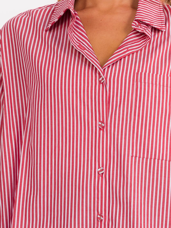 WOMEN'S LONG SLEEVE BUTTON UP FRONT POCKETS OVERSIZED STRIPES SHIRT