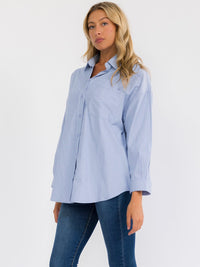 WOMEN'S LONG SLEEVE BUTTON UP FRONT POCKETS OVERSIZED STRIPES SHIRT