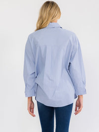 WOMEN'S LONG SLEEVE BUTTON UP FRONT POCKETS OVERSIZED STRIPES SHIRT
