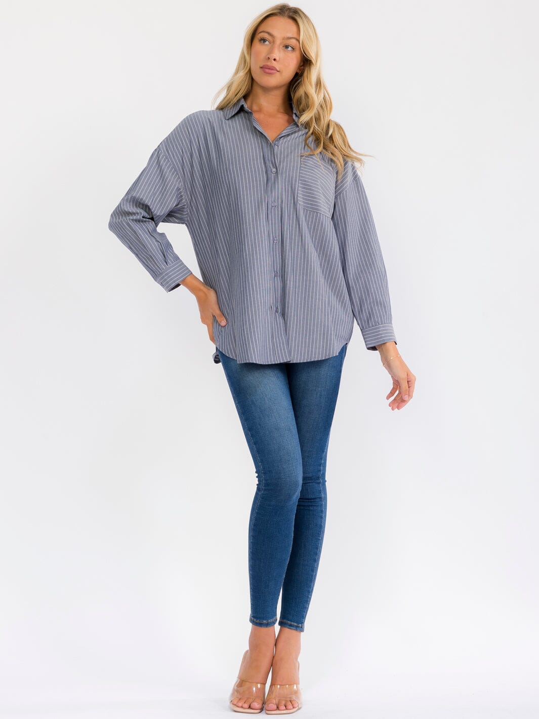 WOMEN'S LONG SLEEVE BUTTON UP FRONT POCKETS OVERSIZED STRIPES SHIRT