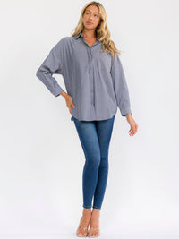 WOMEN'S LONG SLEEVE BUTTON UP FRONT POCKETS OVERSIZED STRIPES SHIRT