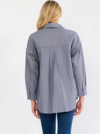 WOMEN'S LONG SLEEVE BUTTON UP FRONT POCKETS OVERSIZED STRIPES SHIRT