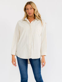 WOMEN'S LONG SLEEVE BUTTON UP FRONT POCKETS OVERSIZED STRIPES SHIRT