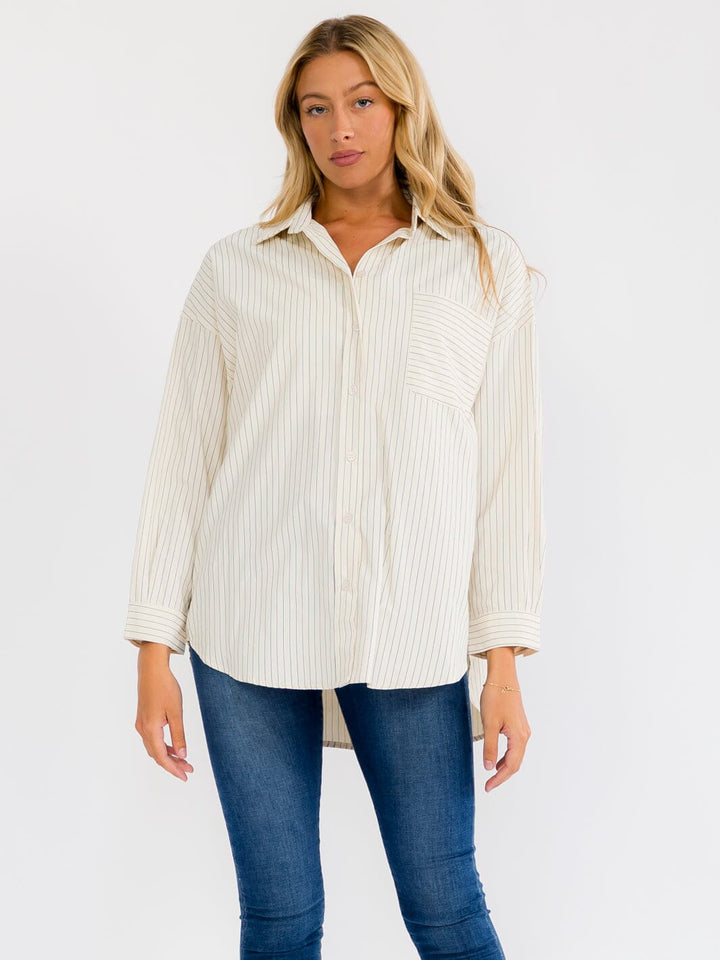 WOMEN'S LONG SLEEVE BUTTON UP FRONT POCKETS OVERSIZED STRIPES SHIRT