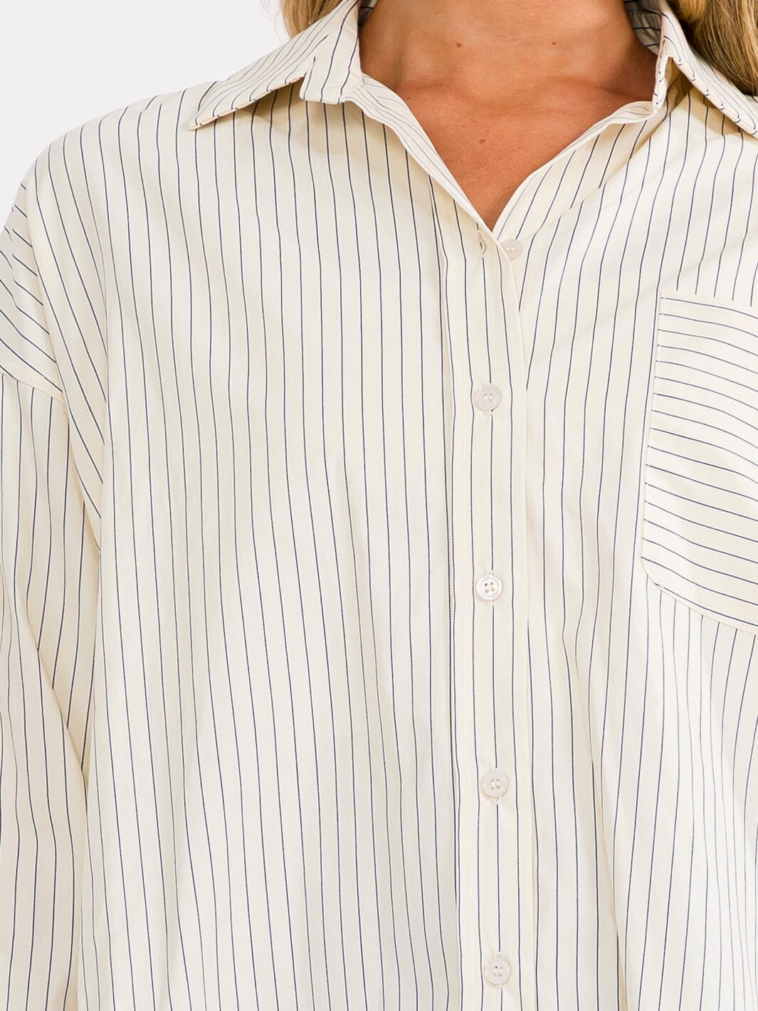 WOMEN'S LONG SLEEVE BUTTON UP FRONT POCKETS OVERSIZED STRIPES SHIRT