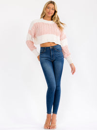 WOMEN'S LONG SLEEVE COLORBLOCK KNIT PULLOVER CROP SWEATER