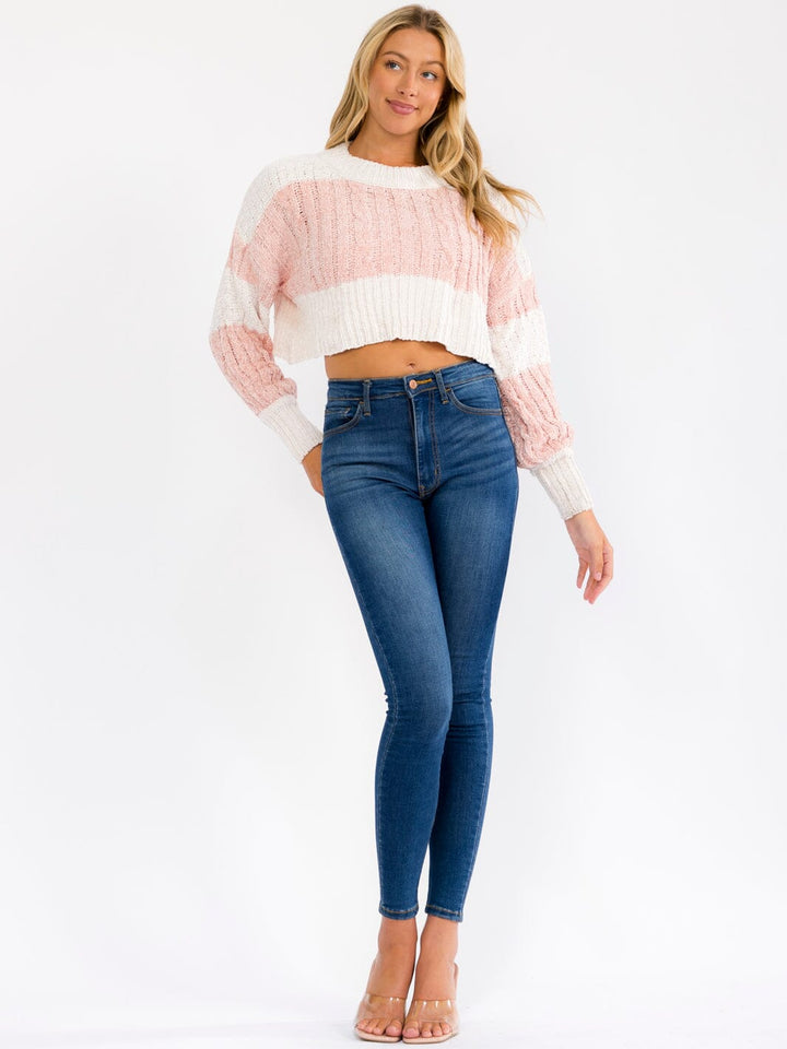 WOMEN'S LONG SLEEVE COLORBLOCK KNIT PULLOVER CROP SWEATER