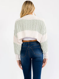 WOMEN'S LONG SLEEVE COLORBLOCK KNIT PULLOVER CROP SWEATER