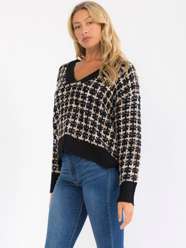 WOMEN'S LONG SLEEVE V-NECK MULTI TWEED PULLOVER SWEATER