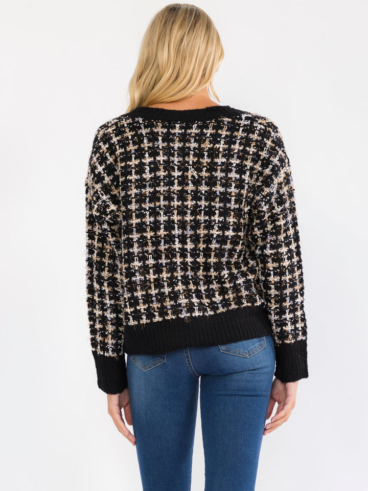 WOMEN'S LONG SLEEVE V-NECK MULTI TWEED PULLOVER SWEATER
